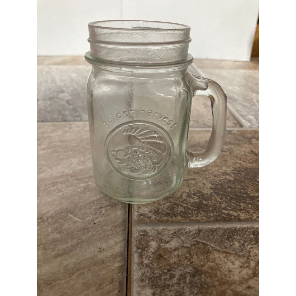 Golden Harvest Glass Mason Jar Mug Clear Embossed Logo with Handle 5 inch